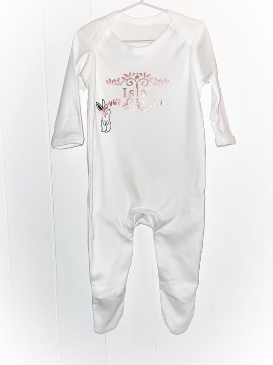 Rose gold personalised bunny babygrow